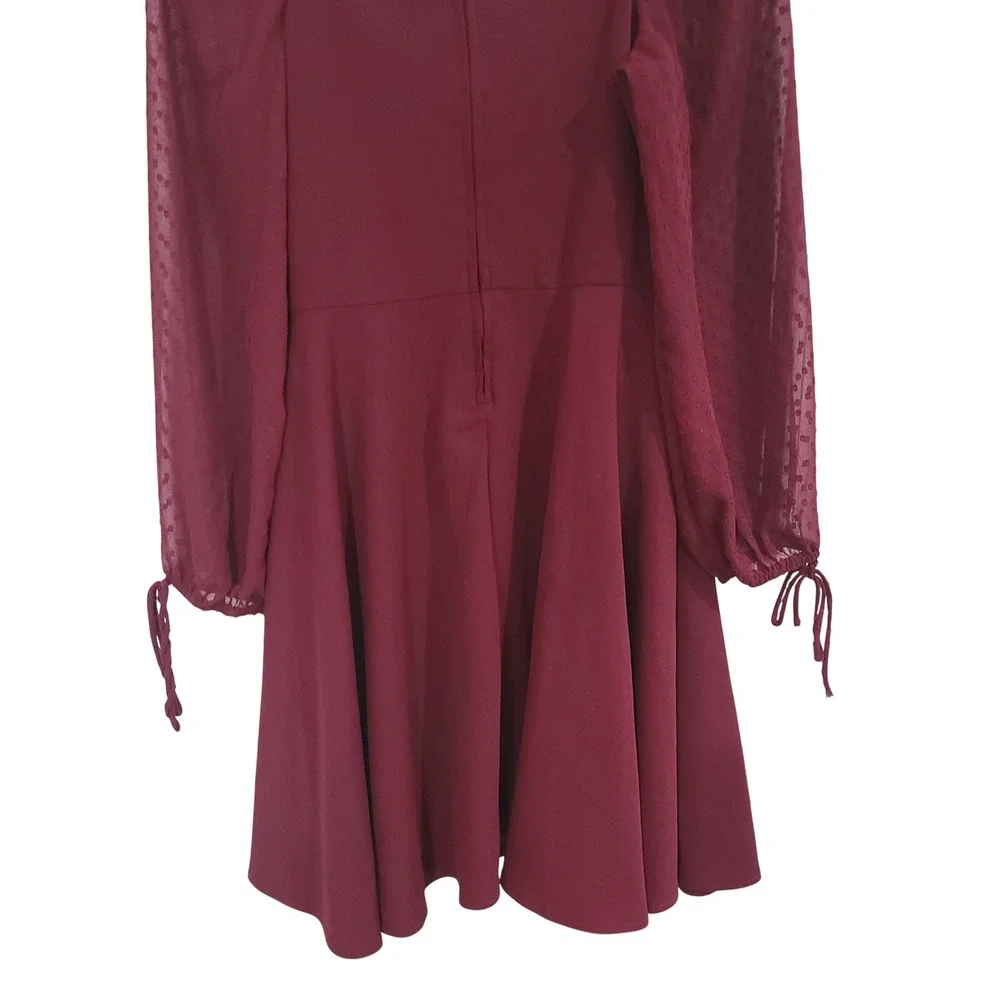 Girls Juniors Rare Editions Burgundy Swiss Dot Sheer Sleeve Skater Dress Size 16